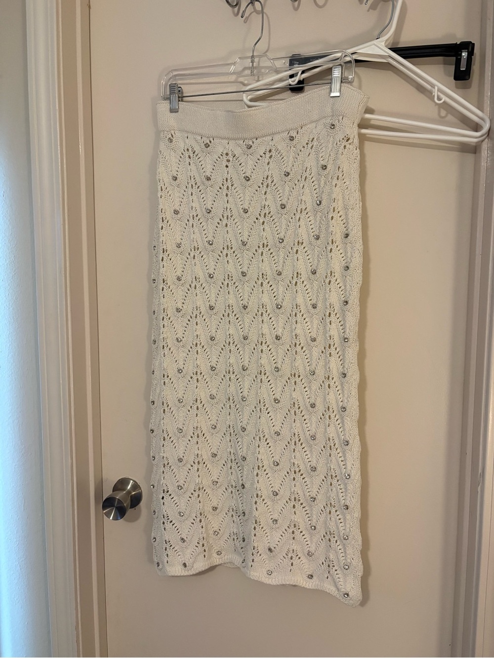 Mango Cream Crochet Midi Skirt with Sequin Accents